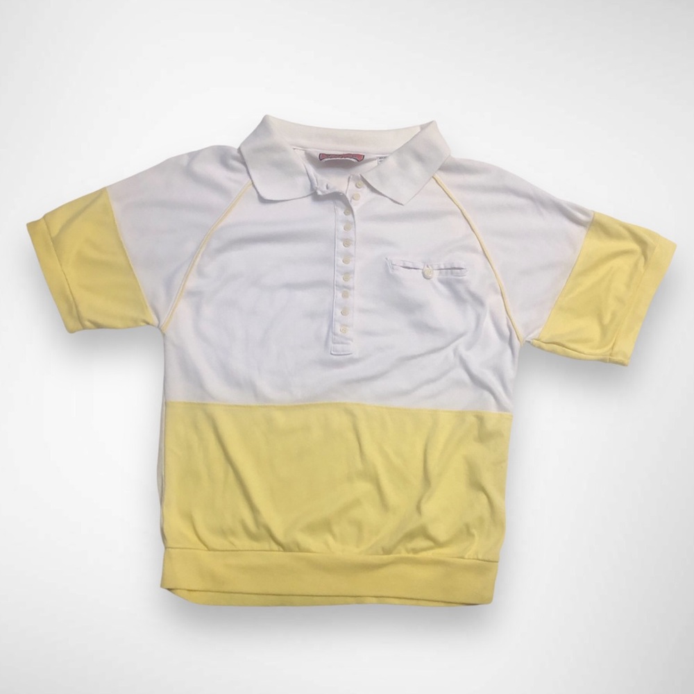 Vintage Retro Color Block Yellow White Sporty Preppy Polo Shirt Eileen Small